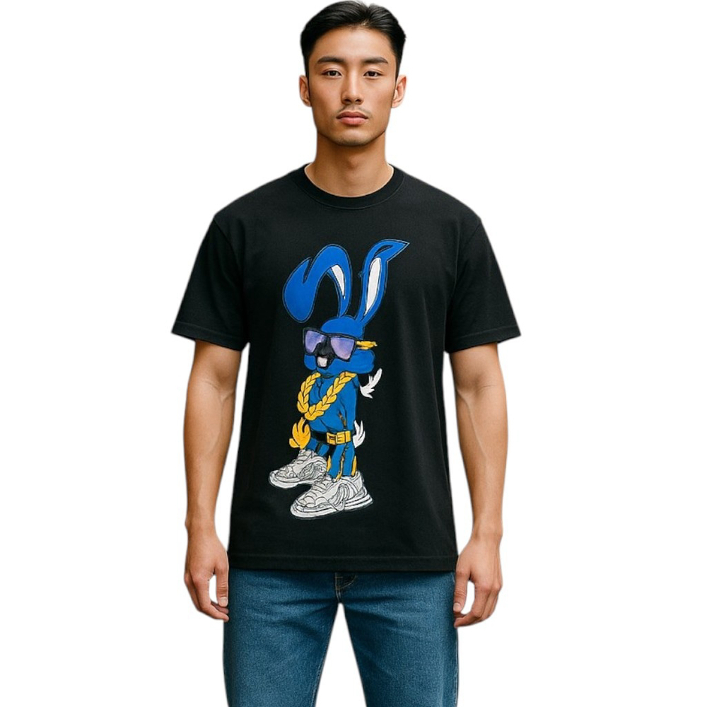 Streetwear Graphic T-Shirt Adult S Black Hip Hop Bunny Chain Sneaker Cartoon Tee